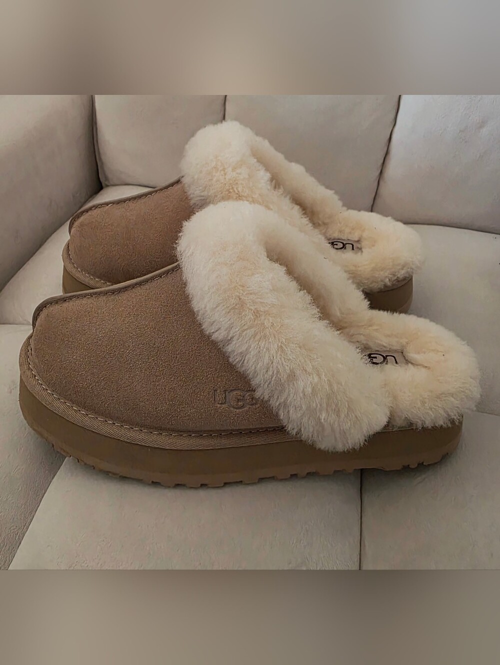 UGG Women's Tan Suede Shearling-Trim Slippers